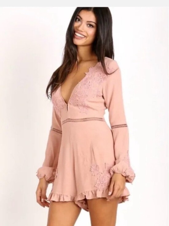 For Love And Lemons Pants - NWT For Love & Lemons Lucien Lace Romper Dusty Pink Floral Applique Size S